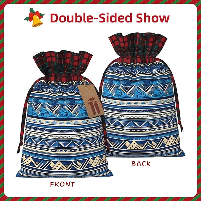 PULaif Blue Polynesian Maori Tribal Print Christmas Drawstring Gift Bags, Large Size Christmas Bags For Gifts Party Favors, Xmas Gift Bags
