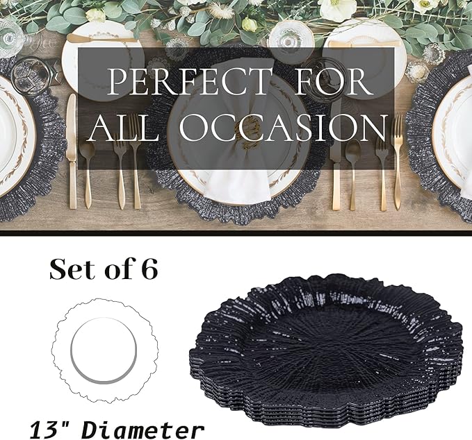 MAONAME Black Charger Plates, Reef Plates Charger for Dinner Plate,13-inch Plastic Chargers for Wedding Decor, Thanksgiving, Christmas, Set of 6