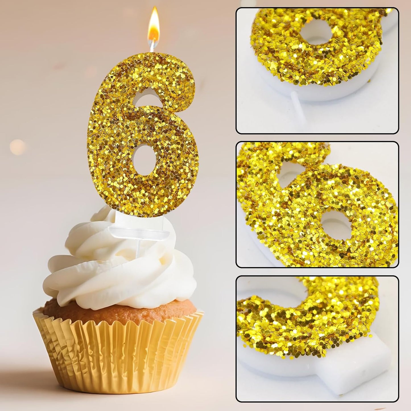 Birthday Number Candles, Glitter Number Candle Cake Decorations with Sequins, Cupcake Decorations for Girls, Women, Party Anniversary Celebrations (Number 6, Golden)