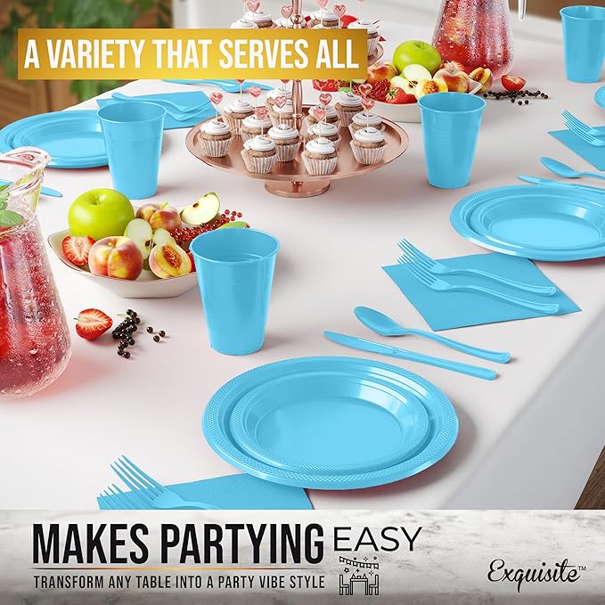 350 Pcs Light Blue Plastic Plates For Party, Light Blue Disposable Plates Set, 50 Of Each 9" Dinner Plate Set, 7" Dessert Plate, Cups, Napkins & Cutlery Plastic Dinnerware Exquisite