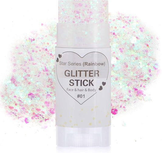 Rainbow White Hair Glitter Stick,Mermaid Fairy Costume Body Face Glitter, Singer Concert Halloween Star Glitter Makeup for Kids and Women,Waterproof Sequins Rave Accessories White Face Paint