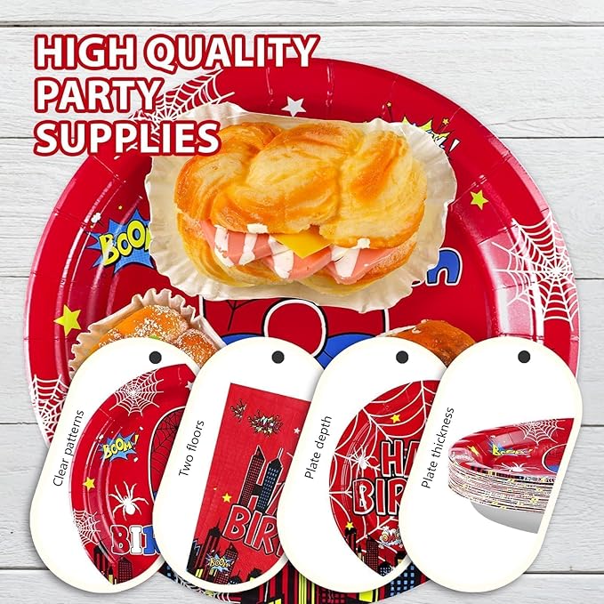 Grencian 96Pcs Halloween Cartoon Spider Birthday Party Decorations Red Blue Spider Birthday Party Plates Disposable Super Theme Paper Tableware Set for Spider Decorations Serves 24