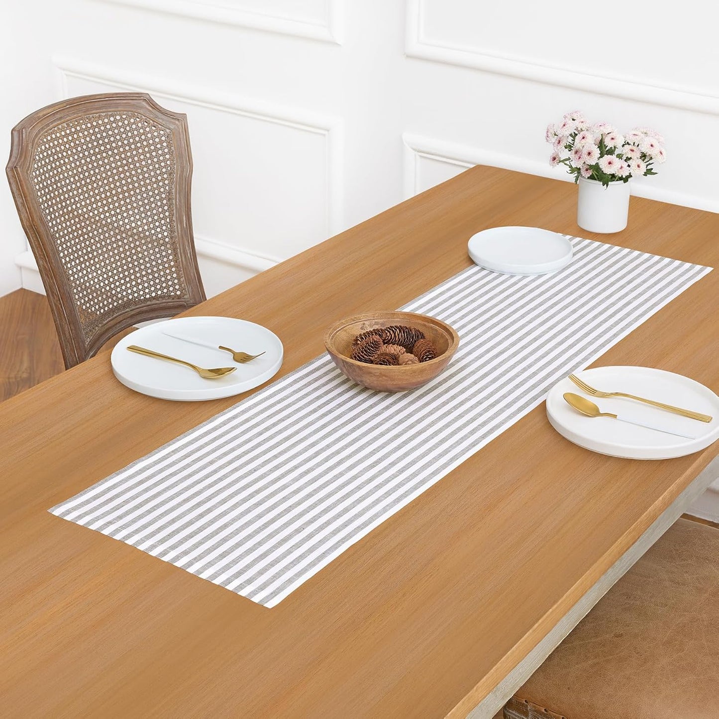 Solino Home Table Runner 36 Inches - Amalfi Stripe 100% Pure Linen Grey and White Table Runner 14 x 36 Inch Ideal for Dresser and Coffee Tables - Fall, Autumn, Halloween