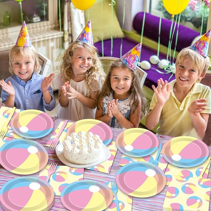 96PCS Summer Macaron Beach Ball Party Paper Plates and Napkins and Forks Set for Macaron Beach Ball Party Paper Plates Disposable Decor Summer Parties Set for Kids Birthday Gatherings Decorations