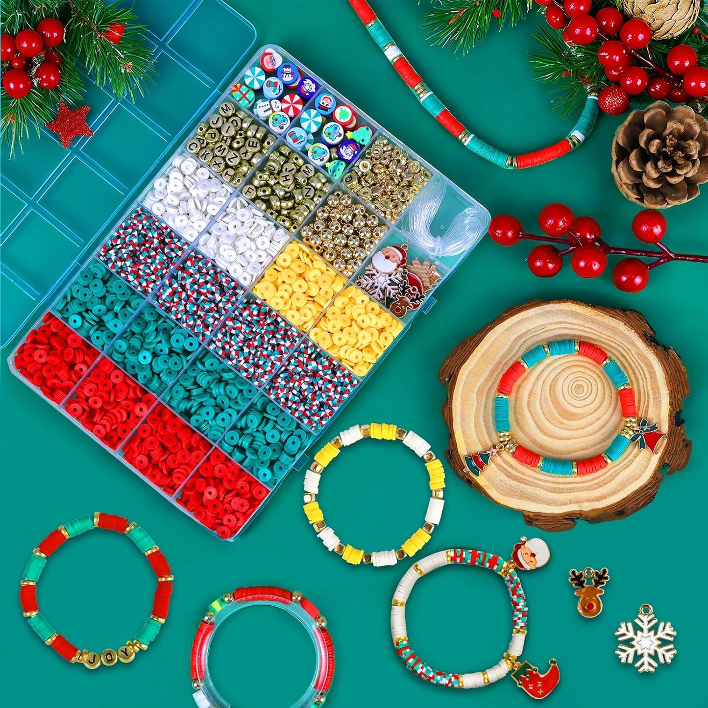 Redtwo Christmas Beads for Bracelets, 3000 Pcs Clay Beads Bracelat Making kit Golden Beads Christmas Crafts Decorations Charms for Jewelry Making, Gifts for Teen Girls Age 6-12