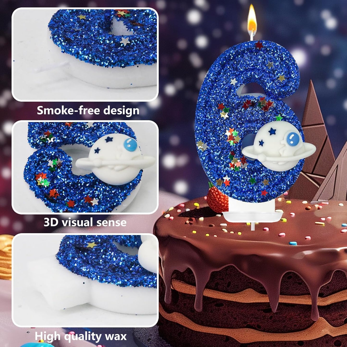 HXOUSE Spaceship Number 6 Birthday Candles - Outer Space Universe Birthday Candles for Cake, 6 Candle Topper for Anniversary Celebrations, Astronaut Rocket Party Decorations for Boys