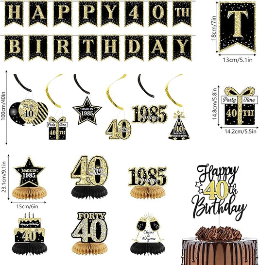 40th Birthday Decorations Men, Black Gold Back In 1985 Birthday Banner Decorations, Vintage 40th Birthday Table Decorations, Cake Topper, Balloons, Backdrop, Sash Party Supplies for Men