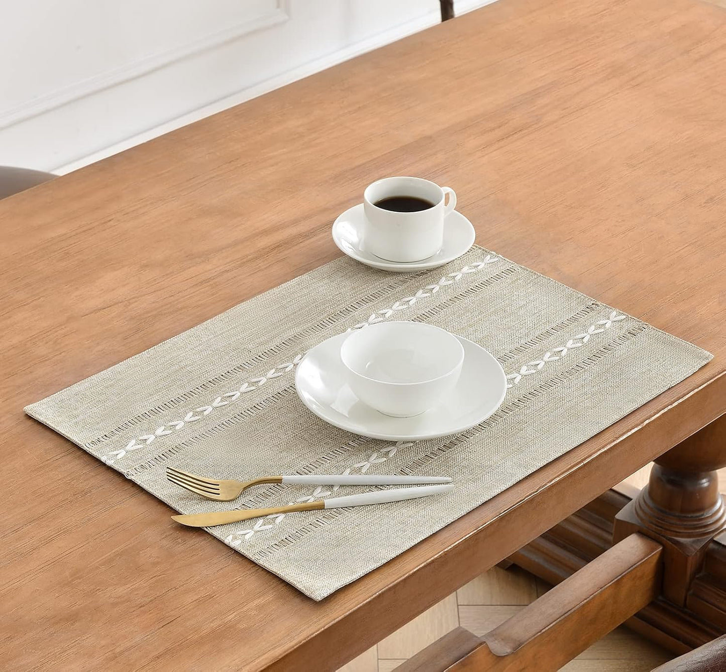 Wracra Cotton Linen Placemats, 14 x 19 Inch Set of 8 Placemats Rustic Hemstitch Place Mats for Kitchen Table and Heat Resistant-Hemstitch Coffee