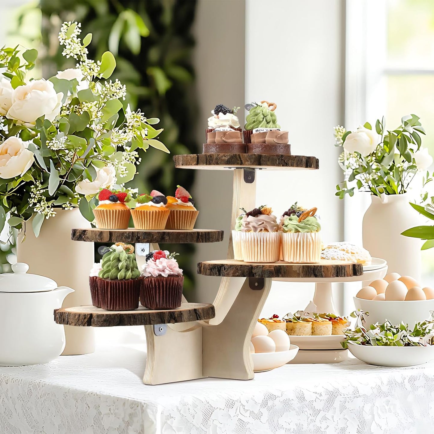Chunful 4 Tier Round Natural Wood Cupcake Dessert Stand, Cup Cake Tower Stand Holder, Wooden Cake Display Tiered Centerpiece, Great for Party, Birthdays, Weddings, Baby Showers, Holiday Decoration