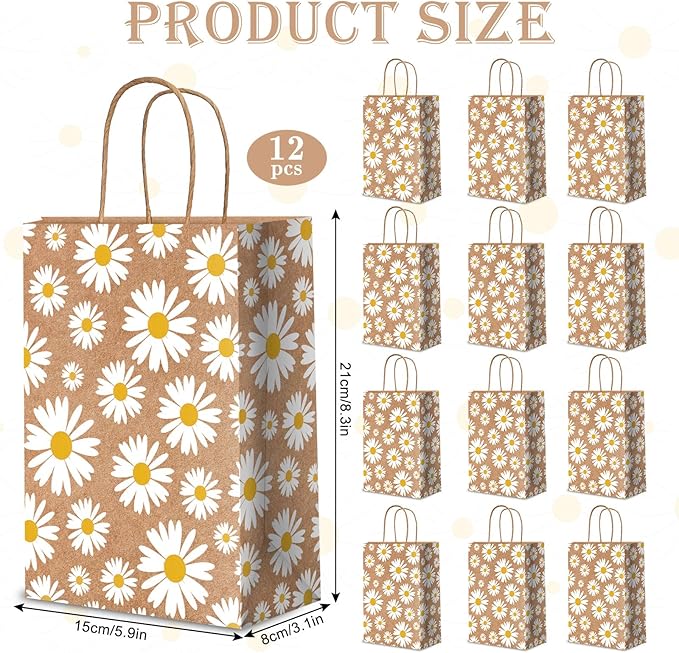 Whaline 12 Pack Daisy Flower Goodie Bags Hippie Daisy Flower Gift Kraft Paper Bags with Handles Floral Gift Bags for Spring Party Favor Wedding Birthday Shopping Baby Shower, 5.9 x 8.3 x 3.1 Inch