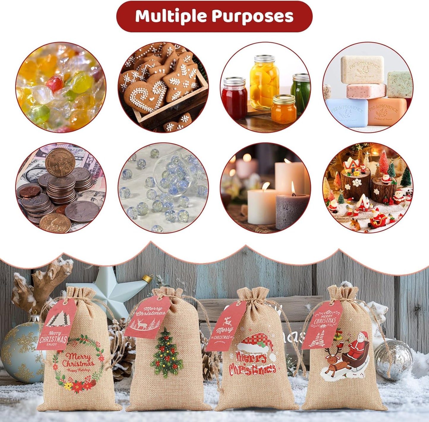 Tapleap Small Christmas Gift Bags, Burlap Coth with Drawstring, 5x8 Inches (Lot of 40) with Tags, String, for Wrapping Holiday Party Favors or Gifts for Coworkers, Kids Class, and Community Members