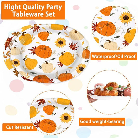 Grencian 50Pcs Fall Oval Paper Plates 10" x 12" Large Disposable Little Pumpkin Platters A Little Pumpkin Is On The Way Plates for Autumn Thanksgiving Holiday Birthday Baby Shower Party Decorations