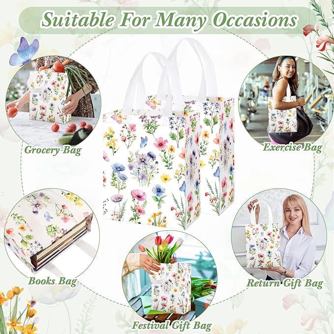 Supervitae 24 Pack Brightly Floral Gift Bags Medium Floral Party Favor Bags Reusable Totes Non Woven Goodie Totes for Spring Summer Wedding Birthday Baby Shower Family Travel(9.8" x 7.9" x 3.9")