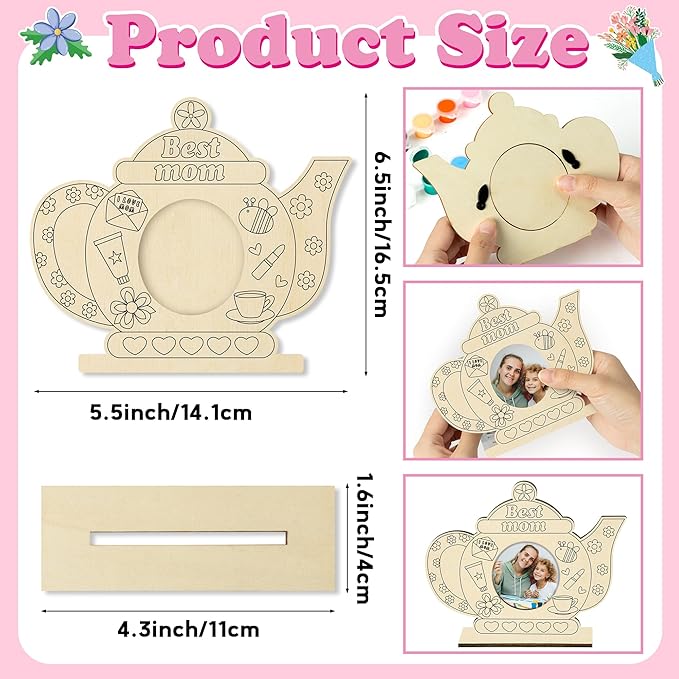 Haooryx Wooden Picture Photo Frame - 12 Pcs Mother's Day Color Your Own DIY Tea Pot Mom Uncolored Wooden Display Pictures Photo Frames Collage Set Wall Hanging Wall Tabletop Mounting Tabletop Display