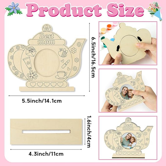 Haooryx Wooden Picture Photo Frame - 12 Pcs Mother's Day Color Your Own DIY Tea Pot Mom Uncolored Wooden Display Pictures Photo Frames Collage Set Wall Hanging Wall Tabletop Mounting Tabletop Display