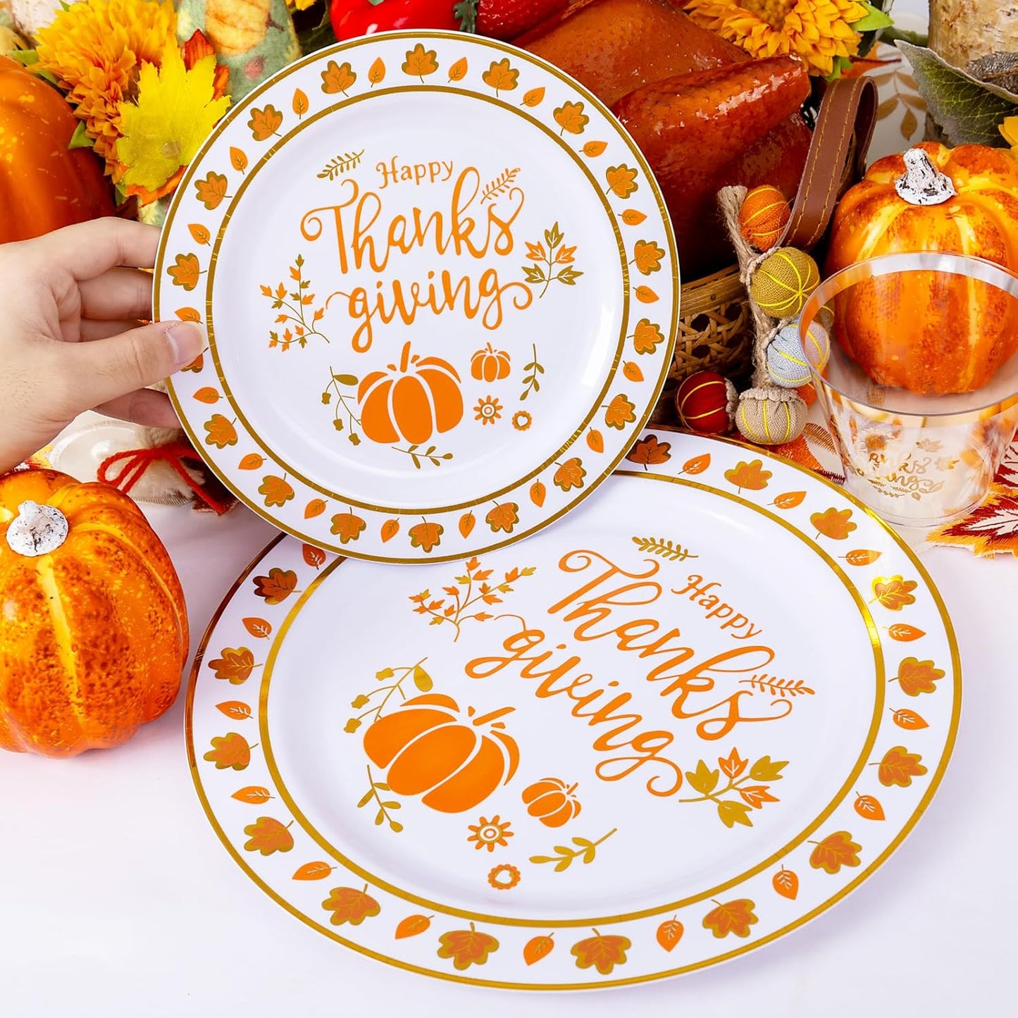 Supernal 175pcs Thanksgiving Dinnerware Set Gold Plastic Dinnerware Set Include Disposable Utensils,Gold Plastic Cups and Napkin,Disposable Dinner Plate and Dessert Plste Set for Thanksgiving