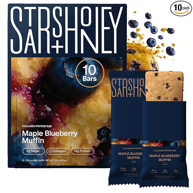 Stars + Honey Protein Bars - Maple Blueberry Muffin,14g Protein, 2g Sugar, w/Collagen Keto Friendly Snack - Gluten, Dairy, Seed Oil, & Soy Free - High-Protein Snacks for Energy & Recovery -10 pack