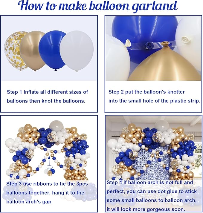 Royal Blue and Gold Balloons Garland Arch Kit, 162pcs Royal Blue White Chrome Gold Confetti Balloons for Graduation Anniversary Wedding Baby Shower Birthday Party Decorations