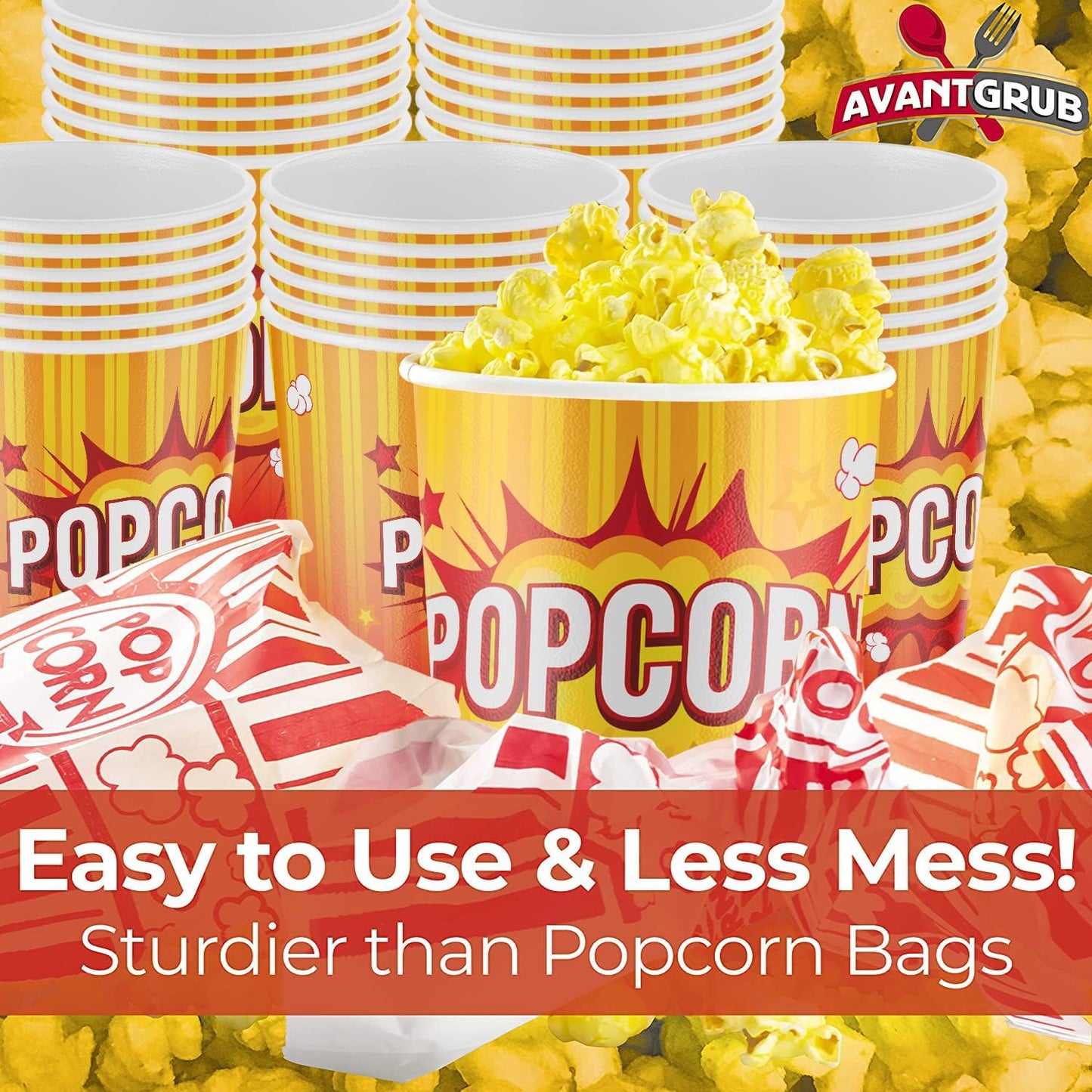 Leakproof Super Durable 32oz Popcorn Cups 25 Pk. Greaseproof Disposable Pop Corn Tubs With Cool Design Are the Ultimate Movie Theater Accessory. Large Containers Great for Any Party or Event.