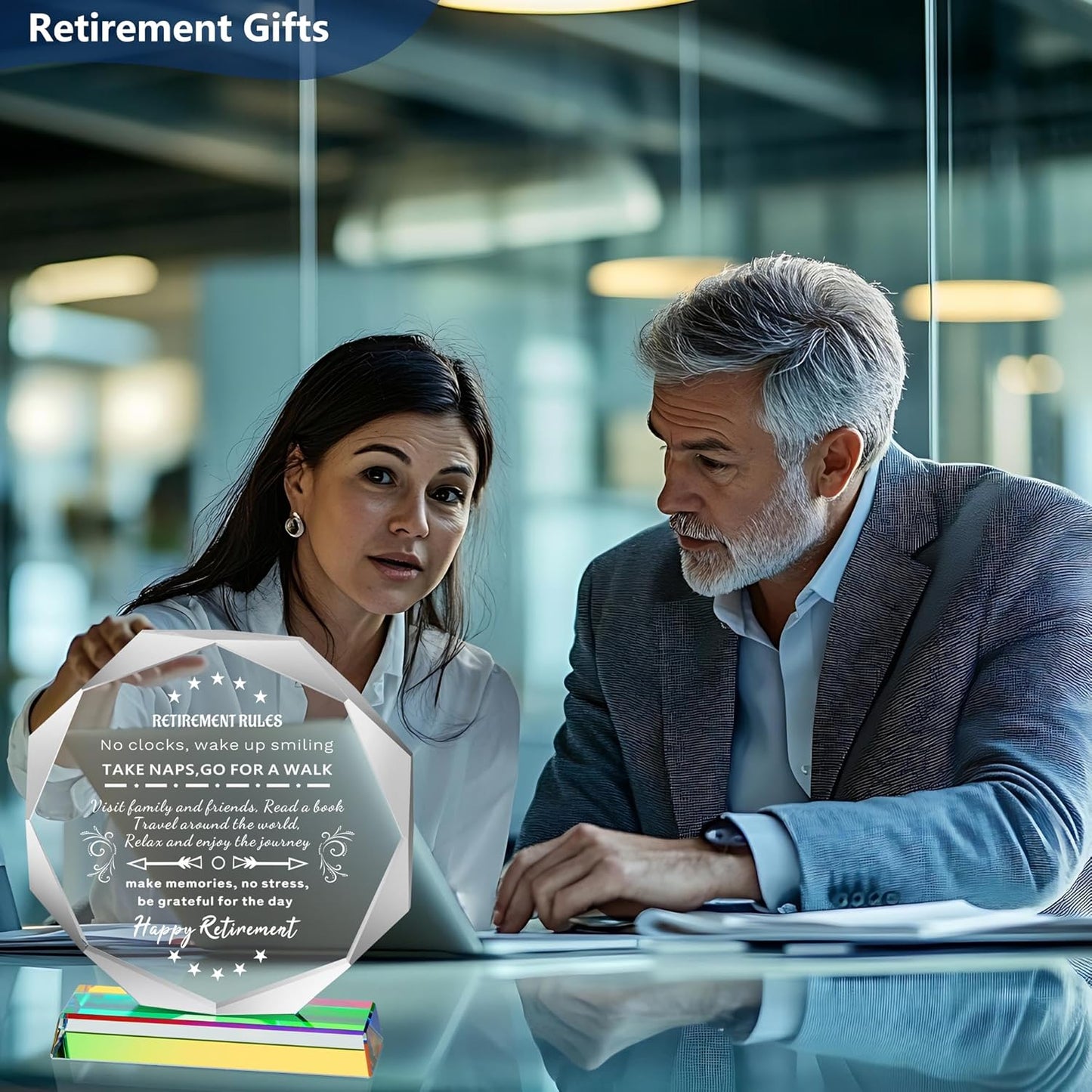 Retirement Decorations Inspirational Gifts for Men Women, 4.7Inch Retirement Rules Glass Plaque Party Decor for Coworkers, Boss, Employee, Teacher, Nurse, Woman, Man