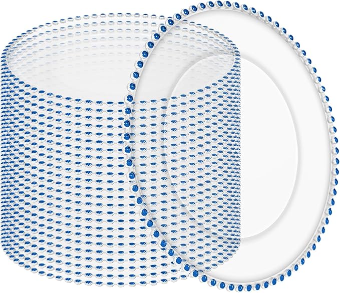 24 Pack Clear Charger Plates Bulk Wedding, 13 Inch Plastic Round Dinner Chargers with Blue Beaded Rim, Acrylic Round Decorative Plates for Wedding Party Home and Tabletop Decor (Blue)