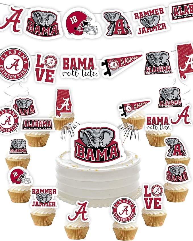 University of Alabama Party Supplies for Bama Football, Roll Tide Birthday Gift, UA Graduation Party Banner and Cake Toppers Roll Tide (42 Pieces) (Alabama Crimson Tide)
