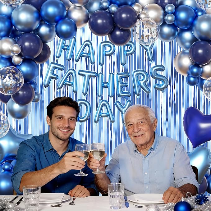 Happy Fathers Day Decorations, Metallic Blue Dark Blue Silver Foil Confetti Balloons Blue Fringe Curtains Banner for Father's Day Party Decorations