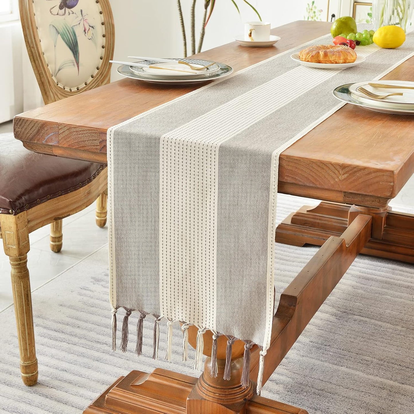 Wracra Linen Table Runner, Farmhouse Macrame Table Runners 108 Inches Long for Dining Table Decor, Wedding, Party and Dresser Decor (Dark Coffee,108")