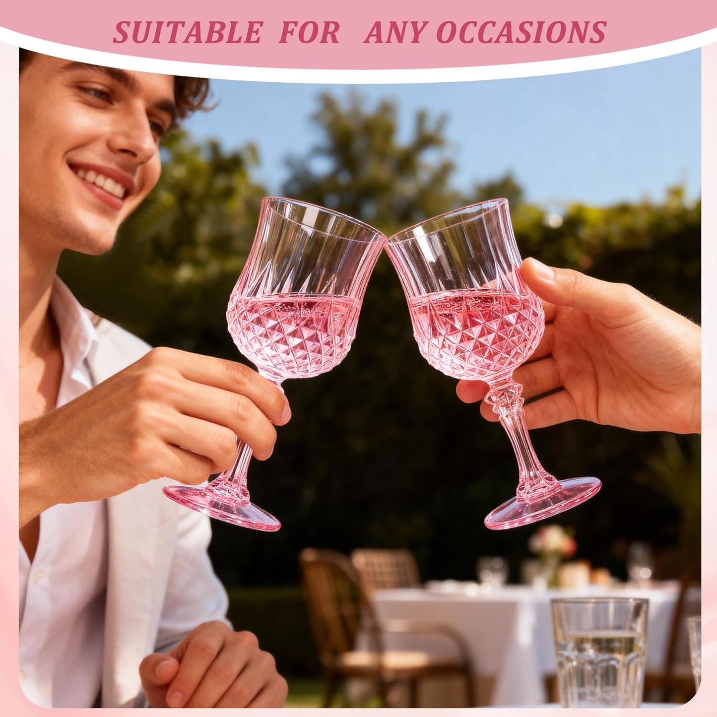 48PCS 7OZ Pink Wine Plastic Glasses, Drinking Champagne Glasses Flutes Crystal Vintage Water Unbreakable Goblets for Wedding, Parties