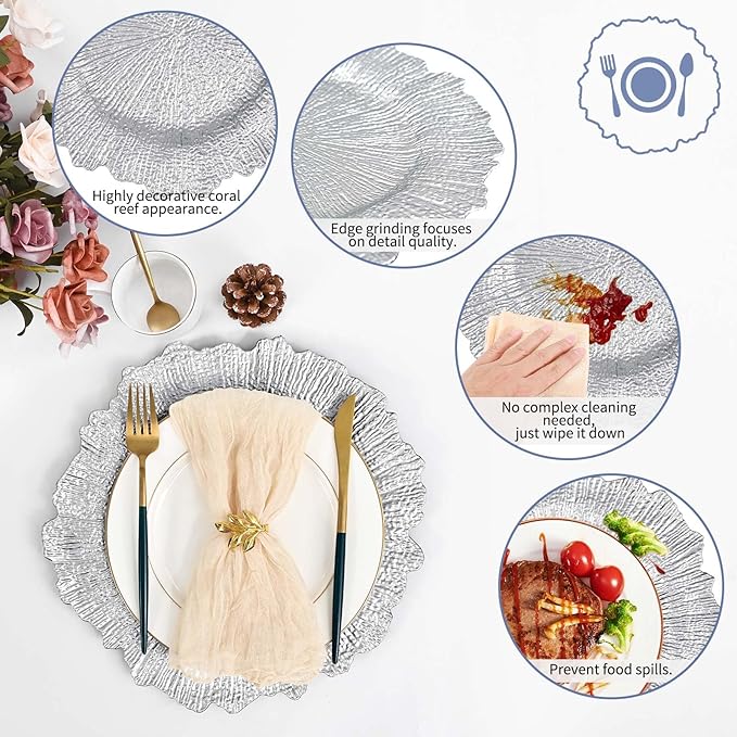 Pesonlook 50Pcs Silver Charger Plates Round 13inch, Reef Plate Chargers for Dinner, Bulk Plastic Floral Table Charger Plates for Dinner Wedding Party Event Table Setting Decoration(Silver)