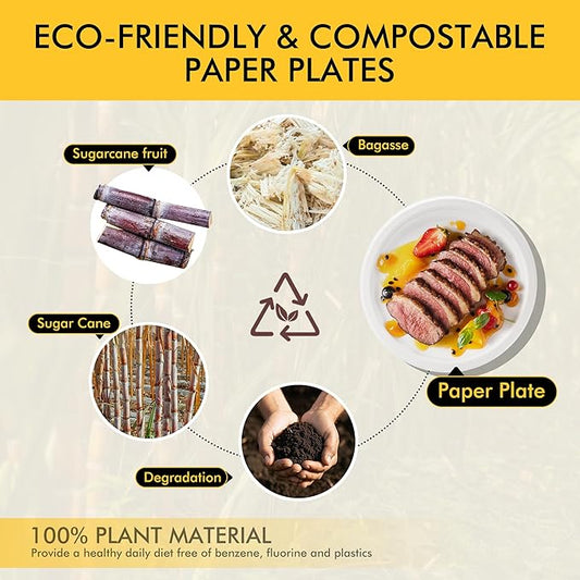 RACETOP 10 Inch [125 Pack] Paper Plates, Compostable Paper Plate, Disposable White Bagasse Plate, Heavy-Duty Biodegradable Plates, Eco-Friendly, Made of Natural Sugarcane Fibers