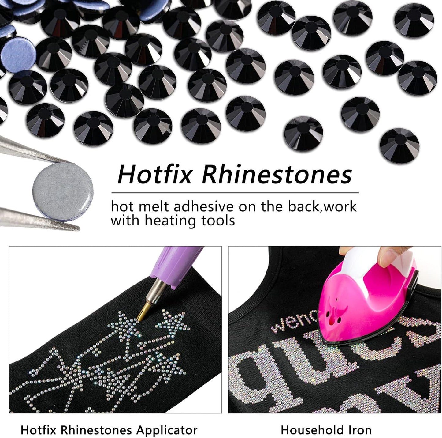 Beadsland Hotfix Rhinestones, 288pcs Flatback Crystal Rhinestones for Crafts Clothes DIY Decoration, Black, SS34, 7.0-7.3mm