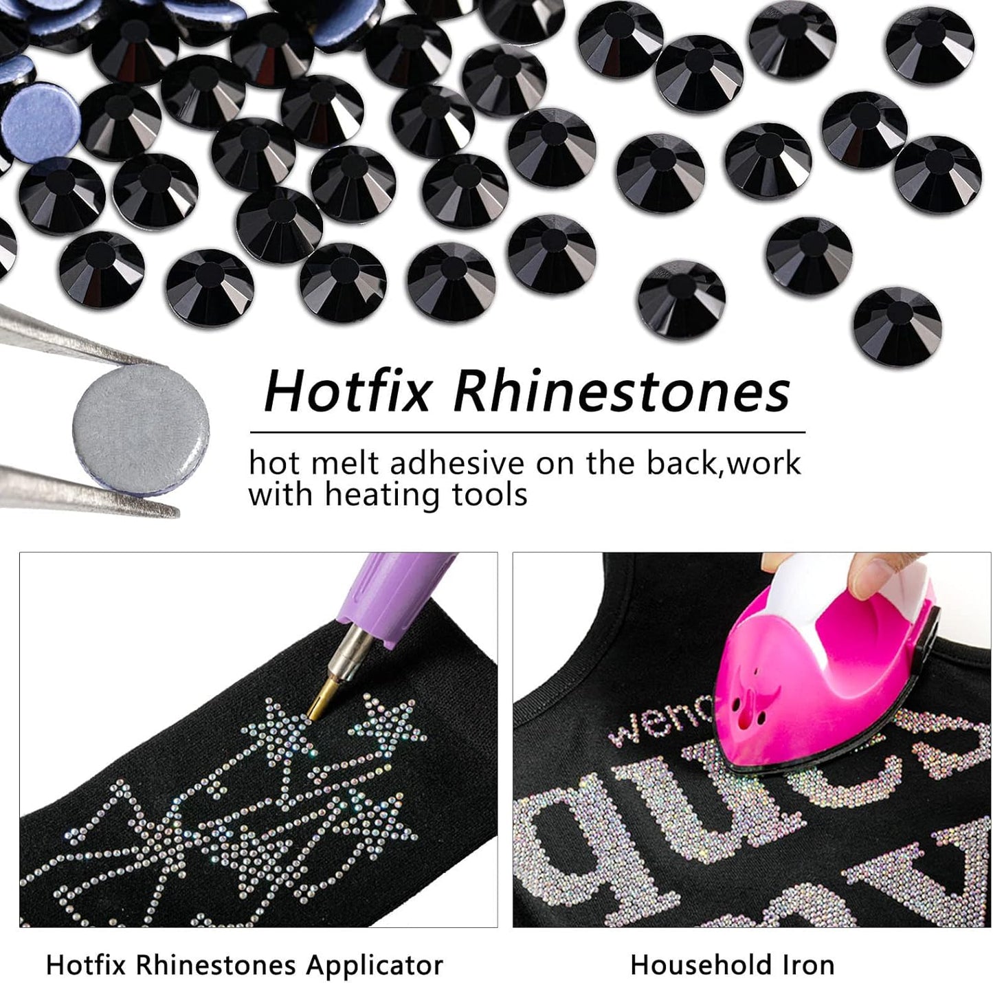 Beadsland Hotfix Rhinestones, 1440pcs Flatback Crystal Rhinestones for Crafts Clothes DIY Decoration, Black, SS16, 3.8-4.0mm