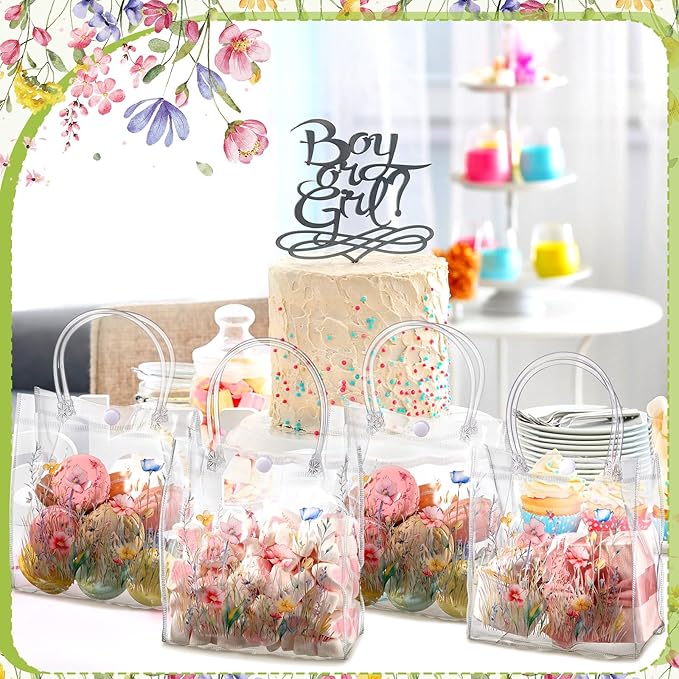 Tioncy 24 Pcs Wildflower Clear PVC Gift Bags Wildflower Baby in Bloom Baby Shower Party Favor Bags with Handles Candy Treat Basket for Wedding Birthday Baby Party Supplies
