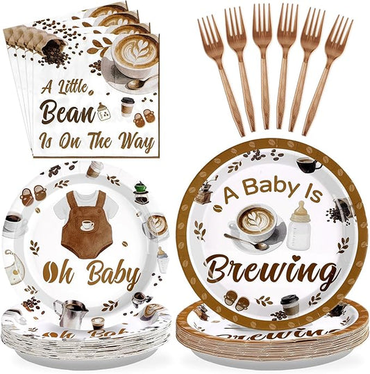 Grencian Coffee Baby Shower Decorations - 96Pcs A Baby Is Brewing Baby Shower Plates and Napkins Gender Reveal Disposable Tableware Set for Boys Girls Coffee Themed Party Decorations Serve 24