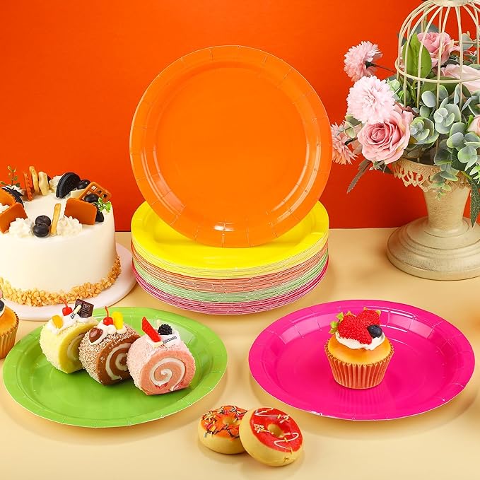 Kochorie 150 Pieces Neon Disposable Paper Plates 9 Inch Heavy Duty Dinner Plates, Solid Color, Table Decorations Party Supplies for Birthdays, Weddings, Daily Use