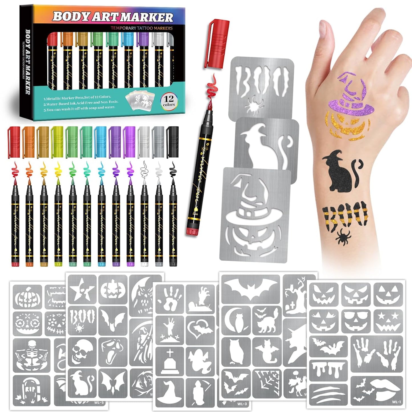 Temporary Tattoo Markers, 12 Metallic Markers and 135 Halloween Tattoo Stencil Designs, Cosmetic Tattoos Pens for Halloween Party Faovr
