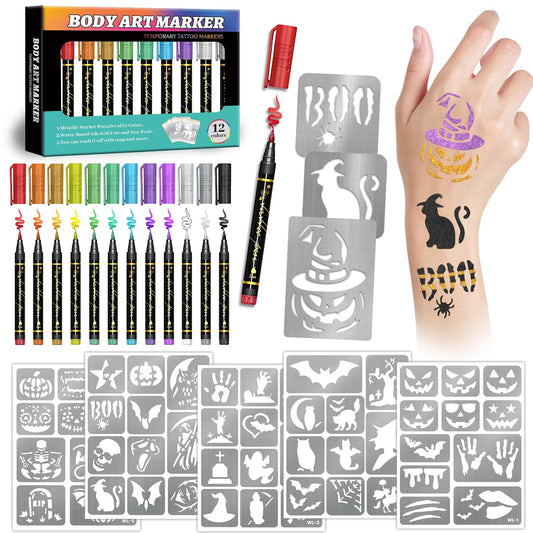 Temporary Tattoo Markers, 12 Metallic Markers and 135 Halloween Tattoo Stencil Designs, Cosmetic Tattoos Pens for Halloween Party Faovr