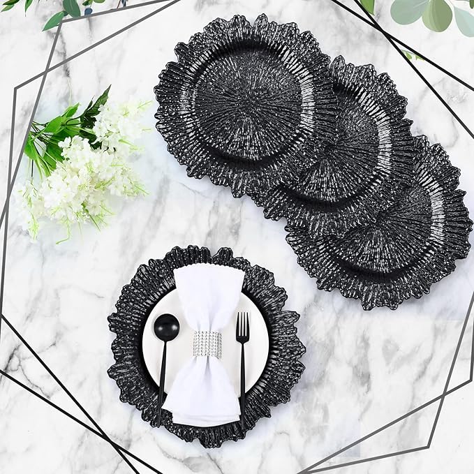 Rtteri 50 Pcs 13 Inch Charger Plates Bulk, Plastic Charger Plates with Floral Reef Design, Round Ruffled Rim Decorative Dinner Tableware for Wedding, Party, Event Table Decor(Black)