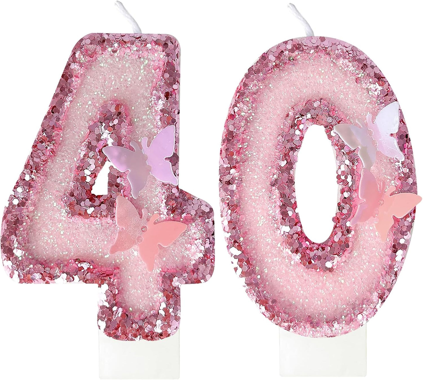 40Th Birthday Candles，Glitter Butterfly Cake Toppers Pink Sequins Wedding Numeral Cupcake Decorations，Suitable for Girl and Boy Wedding Cakes, Party Celebrations, Birthday Decorations (40)