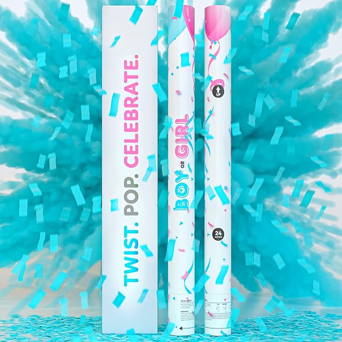 24” X-large Gender Reveal Confetti & Powder Smoke Cannon | 2 Blue Poppers | Biodegradable | Alternative to Gender Reveal Smoke Bombs Extinguisher | Baby Gender Reveal Decorations | TUR Party Supplies
