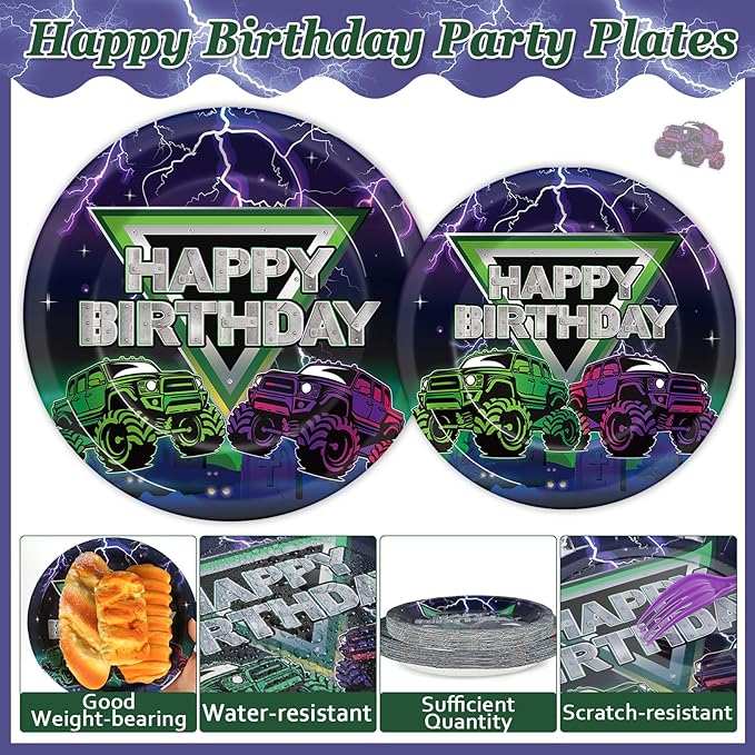 OBUSATT 96Pcs Monster Truck Birthday Party Supplies Truck Birthday Paper Plates Napkins and Forks Monster Truck Party Decorations Green Purple Dinnerware Party Favor ableware Serves 24