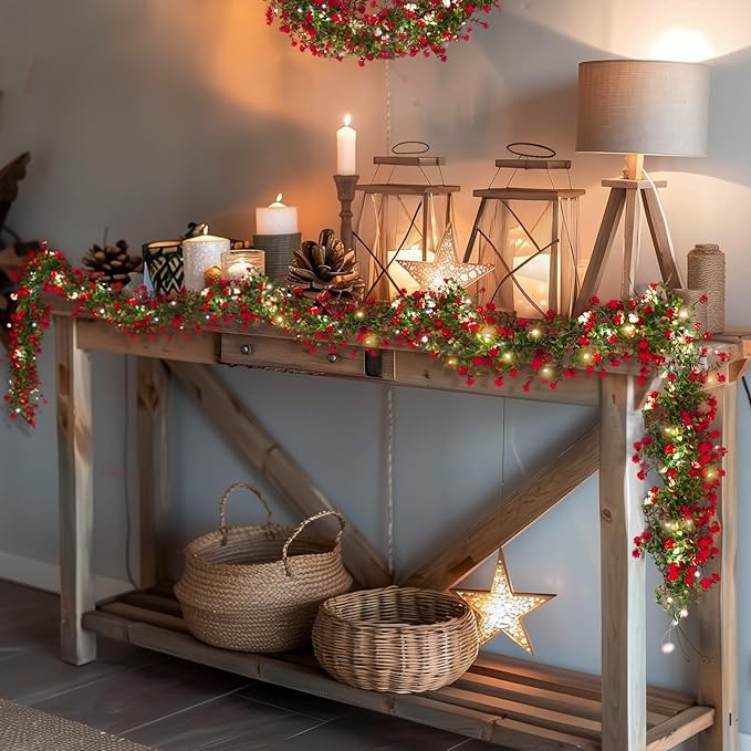 RECUTMS Artificial Leaves Garland with Flowers Fake Vines with Lights Spring Mantel Garland Fake Greenery Vines 5.8 Ft Lit Vine for Mantle for Wall Wedding Party Table Home Bedroom Decor(Red)