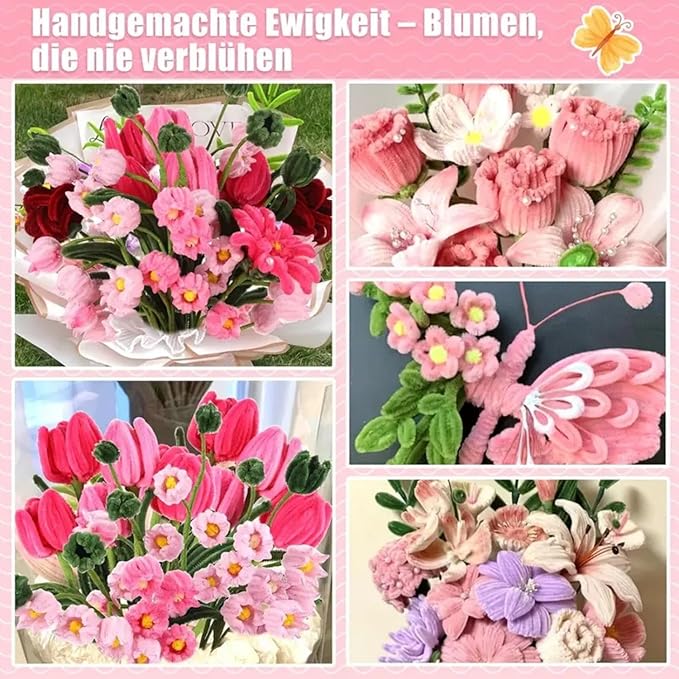 AHAMETON 620-Piece Pink Pipe Cleaner Complete Craft Kit - Enhanced Set with Flower Stems, Tape Rolls, Ribbon & Greeting Card for DIY Wedding Bouquets, Gift Projects
