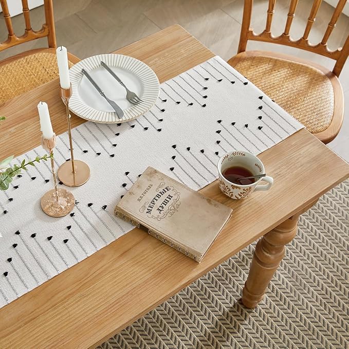 Wracra Boho Table Runner, Natural Cotton Woven Macrame Table Runners 48 Inches Long for Modern Farmhouse Woven Home Decor, 14x48 Inch, Black
