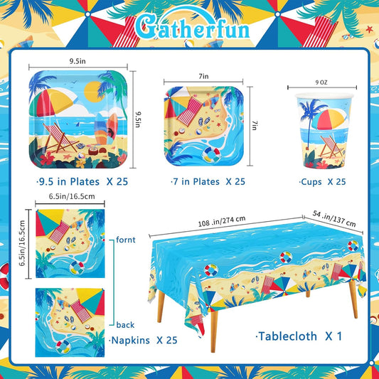 Beach Theme Party Supplies, Summer Pool Pack Includes: Paper Dinner Plates, Dessert Plates, Luncheon Napkins, Cups and Tablecloth for Hawaiian Party Birthday Decorations, Serve 25