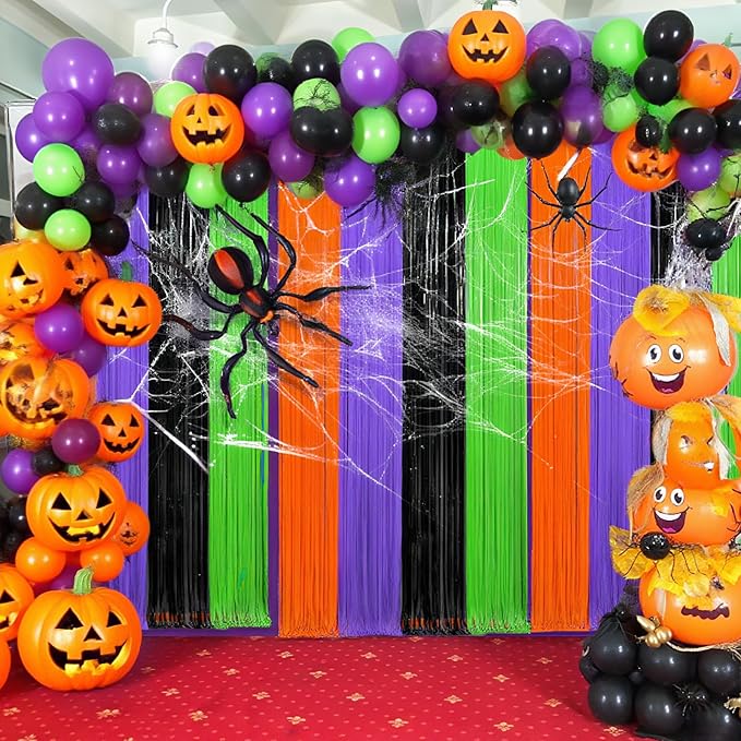 4 Packs Halloween Foil Fringe Curtain, Orange Black Purple and Green Metallic Tinsel Backdrop for Birthday, Baby Shower, Bachelorette, Halloween Party Decorations Favors Supplies Indoor Outdoor