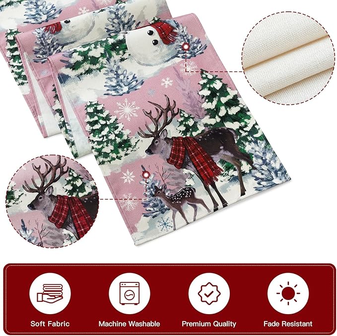 Artscope Reindeer Snowman Christmas Tree Table Runner, Xmas Winter Snowflakes Holiday Kitchen Dining Table Decoration for Christmas Home Party Decor 13x90 Inch-Pink