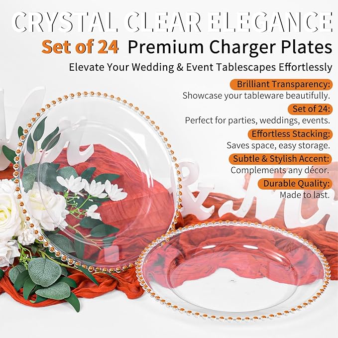 24 Pack Clear Charger Plates Bulk Wedding, 13 Inch Plastic Round Dinner Chargers with Orange Beaded Rim, Acrylic Round Decorative Plates for Wedding Party Home and Tabletop Decor (Orange)