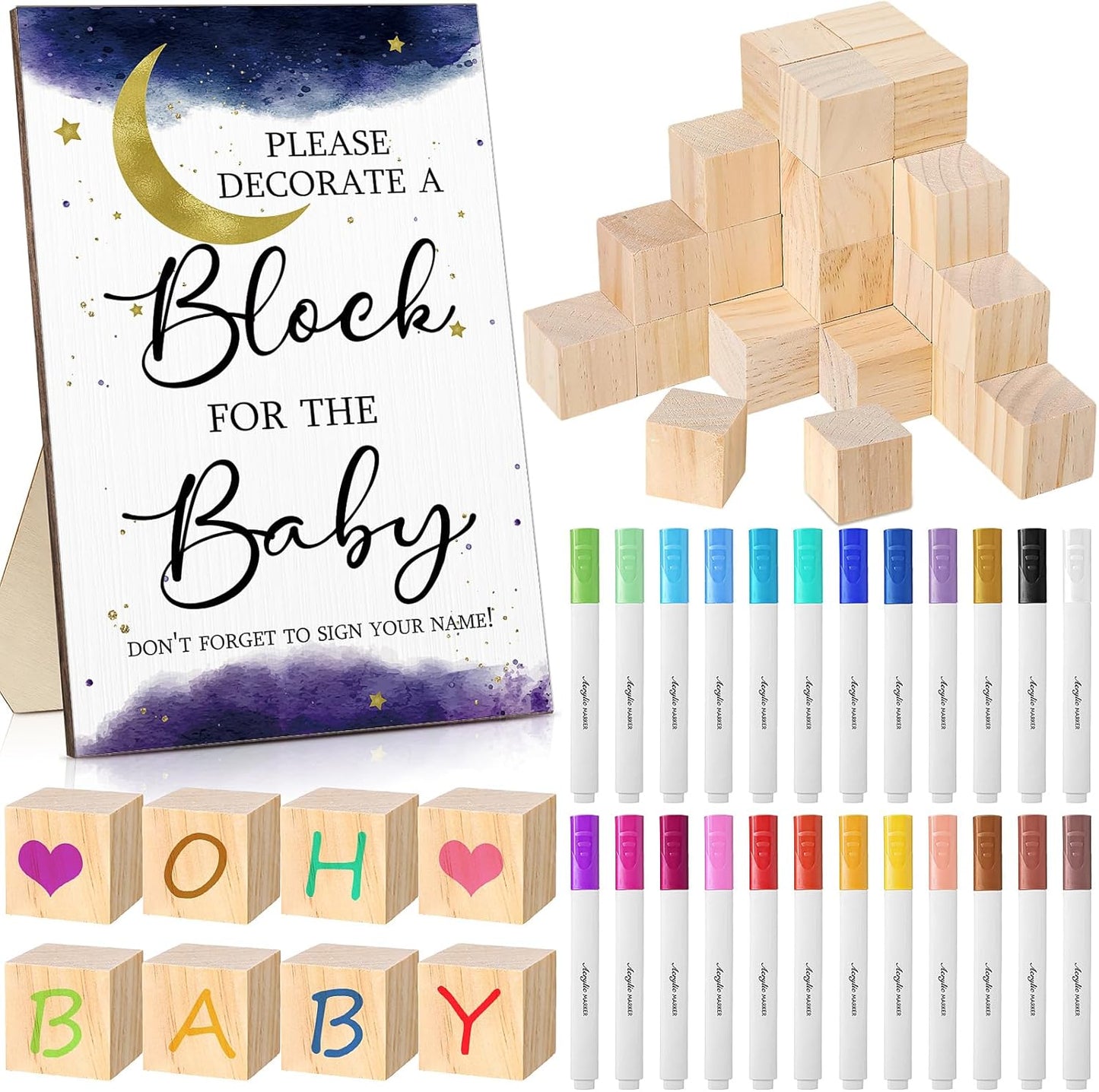 Tatuo 75 Pcs Baby Shower Games Sign Kit Including Decorate a Block Game Sign 50 DIY Wooden Block 24 Acrylic Paint Marker Baby Shower Prize for Gender Reveal Party(Sky)
